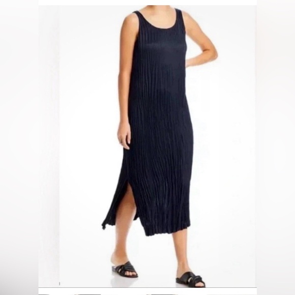 Eileen Fisher Dresses & Skirts - Eileen Fisher Black Crushed
Cupro silk Midi Dress Small Scoop
Neck Pleated dress